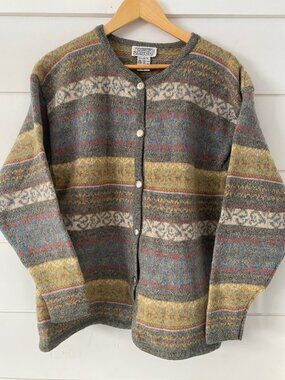 Vintage Jacob Wool Cardigan Sweater Women's Medium Fair Isle Nordic Style Grey